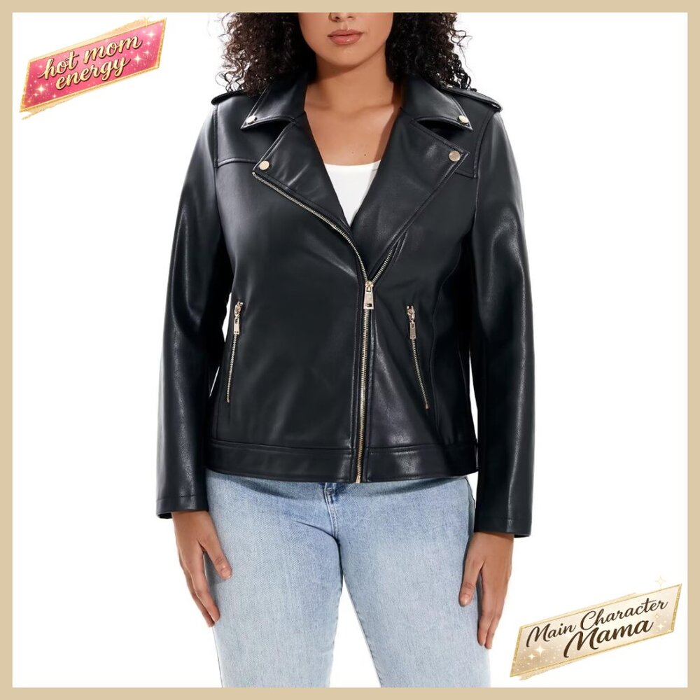 Plus Size Faux Leather Motorcycle Jacket Zip Up Biker Coat